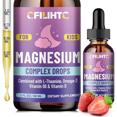 Kids Magnesium Liquid Drops-Magnesium Glycinate Liquid for Kids Supplement-w/L-theanine, Omega-3, Vitamin B6, D3 - for Sleep, Relaxation, Brain, Bones - 2 Fl Oz Children's Calm, Strawberry Flavor