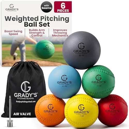 Grady's Pitching School Soft Shell Weighted Ball Set 32, 21, 14, 7, 5, and 3.5oz-Pitching/Throwing Velocity Training for Baseball and Softball/Seams or No Seams (with Seams)