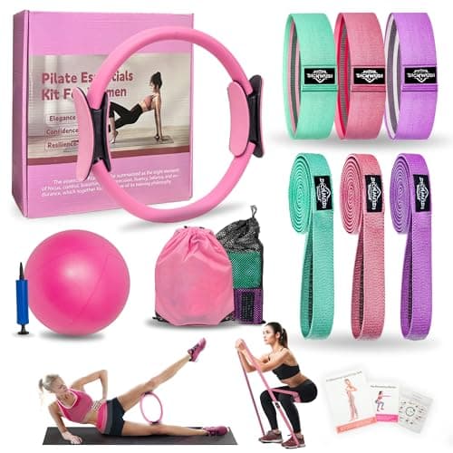 DICYWUDI Pilates Essentials Kit for Home Women, Pilates Equipment for Workouts, 6 Fabric Resistance Bands, 12 Inch Magic Circle Yoga Ring, Mini Exercise Ball, Great Exercise Accessories
