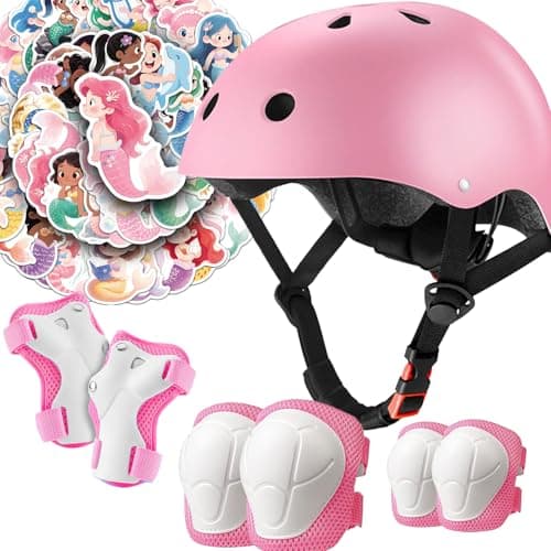 Toddler Bike Helmet Set Ages 2-8, CPSC Certified Kids Safety Helmet with Knee Elbow Wrist Pads Guards, Adjustable Protective Gear for Bicycle Scooter Skateboard with Mermaid Sticker Pink