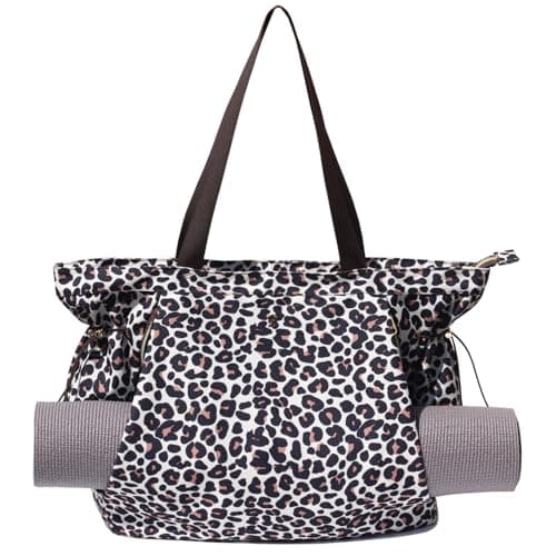 ESVAN Yoga Tote Bag for Women Drawstring Canvas Shoulder Bags for Workout Travel Carryall Pilates Gym and Beach (Coffee Leopard Print)