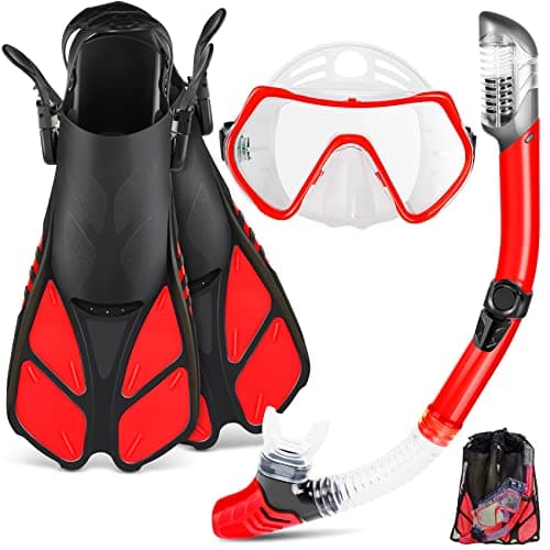 ZEEPORTE Mask Fin Snorkel Set with Adult Snorkeling Gear, Panoramic View Diving Mask, Trek Fin, Dry Top Snorkel +Travel Bags, Snorkel for Lap Swimming