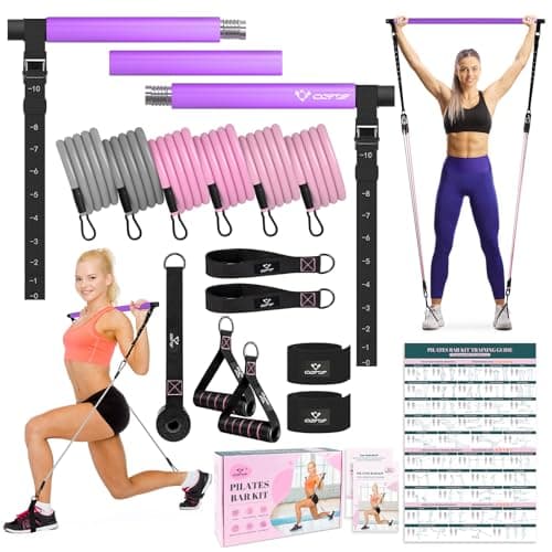 Pilates Bar Kit with Resistance Bands, Multifunctional Yoga Pilates Bar with Heavy-Duty Metal Adjustment Buckle, Portable Home Gym Pilates Resistance Bar Kit for Women Full Body Workouts -Purple