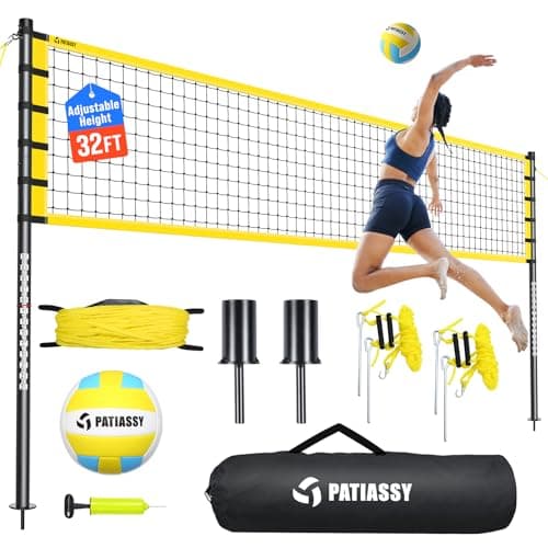 Outdoor Volleyball Net Set for Backyard & Beach, 32FT Regulation Size, Easy Setup Adjustable Height Poles, Portable Net System with PU Volleyball, Pump & Carry Bag