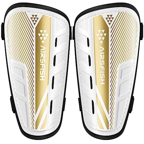 Upgraded Soccer Shin Guards Kids Youth, CE Certified AirsFish Shin Pads Protection Gear for 2-18 Years Old Boys Girls Teenagers EVA High Impact Resistant Breathable Comfortable 1 Pair White+Gold M
