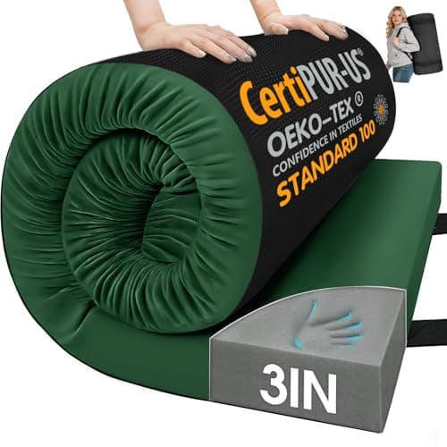 CYMULA 3 Inch Memory Foam Camping Pad, Camping Essentials Roll Up Floor Mat for Car Camping, Cot, Tent, Truck, Travel and Guest Use, Non-Slip Waterproof Bottom, Removable Cover