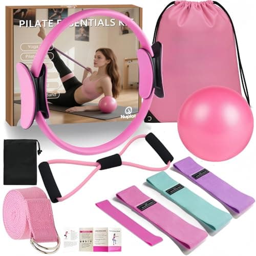 Nuplot Pilates Equipment, Pilates Kit for Home Workouts, Pilates Essentials Kit for Women, Home Pilates Kit with Pilates Ring and Ball Set, Booty Bands, Figure 8 Resistance Band, Yoga Band (Pink)