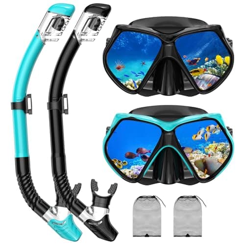Snorkeling Gear for Adults, Snorkel Set Scuba Diving mask Dry-Top, Adult Swimming Goggles w/Nose Cover, HD Tempered Glass Panoramic Anti-Leak Anti-Fog, Travel Snorkeling Packages