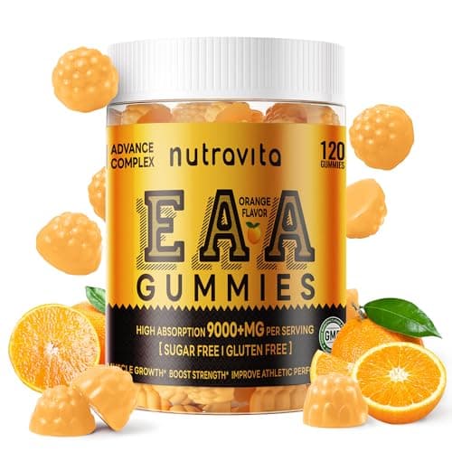 Nutravita EAA Gummies 120 Gummies (Orange), Essential Amino Acids - All 9 Essential Aminos (EAA) and All Branched-Chain Aminos (BCAAs), Non-GMO, Gluten Free, Vegetarian Friendly