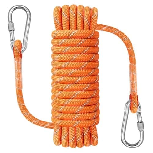 NorthPada Climbing Rope with Hook, Waterproof Static Rope, 15 kN, 3/8 in x 32 ft, Reflective Orange, Floating, for Climbing, Arborist, Rappelling, Swing, Boating, Marine, Rafting and Caving