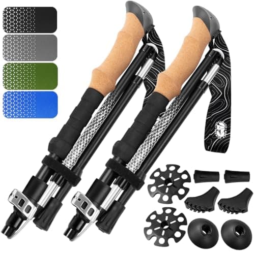 Premium Foldable Hiking Poles by USA Brand - Adjustable, Lightweight Trekking Poles Made of Aircraft Aluminum, Metal Locks Cork EVA Grips (Cork - Black, 100-120 cm for Height: 5'9" and Smaller)