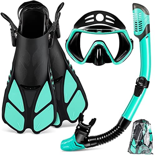 ZEEPORTE Mask Fin Snorkel Set with Adult Snorkeling Gear, Panoramic View Diving Mask, Trek Fin, Dry Top Snorkel +Travel Bags, Snorkel for Lap Swimming