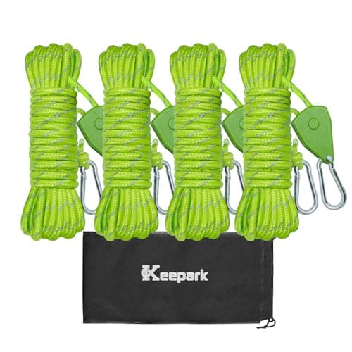Camping Ropes Guy Line - Tie Down Ropes with Ratchet System, Pulley & Reinforced Metal Gear - Heavy Duty Adjustable Guy Lines for Canopy Tent, Quick Setup Strap (1/6 In Dia x 13.12 Ft)-4 Pack - Green