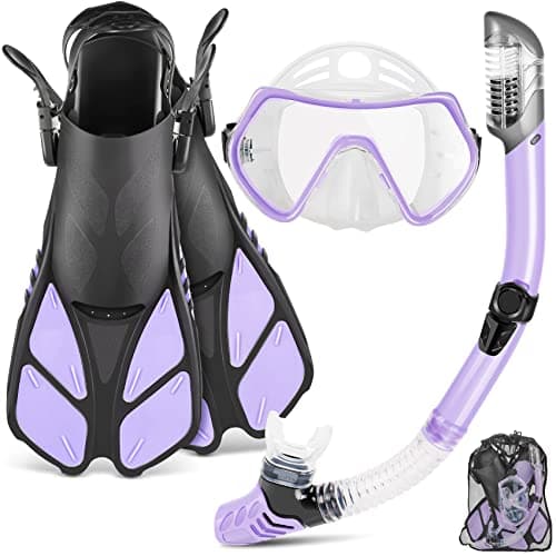 ZEEPORTE Mask Fin Snorkel Set with Adult Snorkeling Gear, Panoramic View Diving Mask, Trek Fin, Dry Top Snorkel +Travel Bags, Snorkel for Lap Swimming
