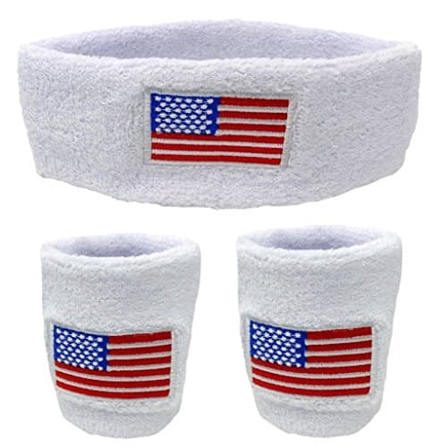 Funny Guy Mugs USA Flag Unisex Sweatband Set (3-Pack: 2 Wristbands with Zipper/Wrist Wallet & 1 Headband)