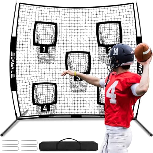 BAGAIL Football Throwing Net - 5 Target Pockets, Easy Setup, Heavy-Duty - Portable QB Accuracy Trainer, Fun Target Practice Net for Football with Carry Bag - 7x7FT, Black