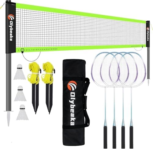 Olybeaka Professional Baminton Set, Portable Badminton Net Set for Backyard with Carring Bag, 4 Aluminum Badminton Rackets, 3 Shuttlecocks - Easy Set Up & Durable (20ft, Black)
