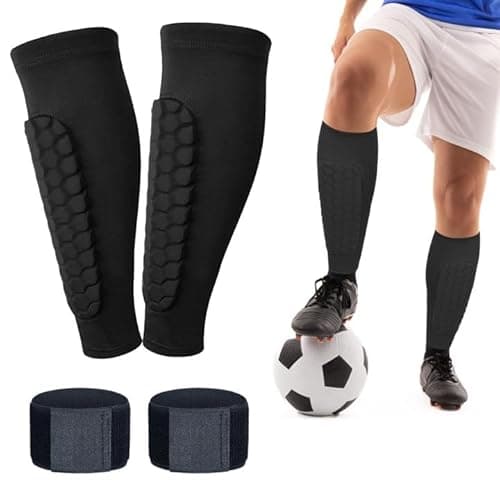 4 Pack Shin Guards Kids and Elastic Ankle Straps, Calf Compression Sleeve with Honeycomb Pads, Shin Guards Soccer, for Sprains, Achilles Pain, Sports Running (Black, XL)