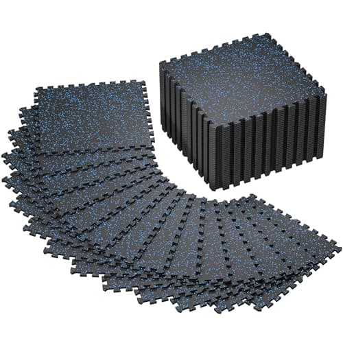 SUPERJARE 0.4'' Thick 48 Pcs 192 Sq Ft Rubber Top Exercise Equipment Mats, High Density EVA Foam Mats with Rubber Top, Interlocking Gym Flooring for Home Gym, Protective Workout Mat, Black/Blue