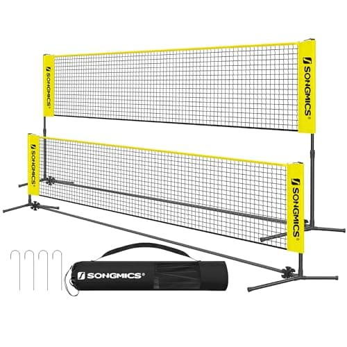 SONGMICS 16.5 ft Badminton Net, Height Adjustable Volleyball Net, Pickleball Net with Poles, Foldable Nylon Net for Tennis Indoor Outdoor Court, Yellow and Black USYQ500Y