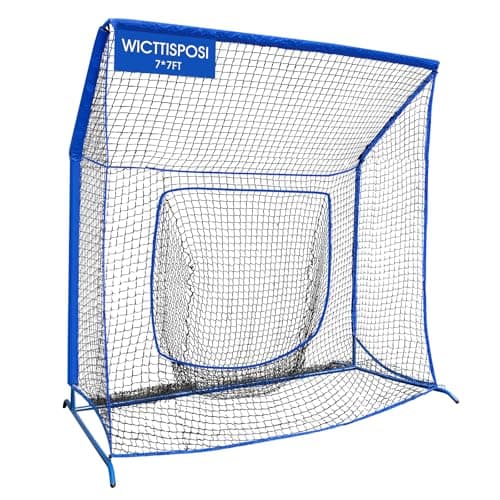 Baseball Softball Net with Blocking System, 7x7FT Practice Cage for Batting/Pitching/Fielding, Metal Frame with Elevated Base and Storage Bag for Backyard Outdoor Indoor