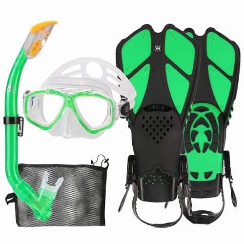 Kids Snorkeling Set with Fins Anti Leak Snorkeling Gear for Kids with Adjustable Flippers, Youth Junior Full Dry Snorkel Set Swimming Goggles with Nose Cover Diving Mask Scuba with Bag, 5-14 Yrs