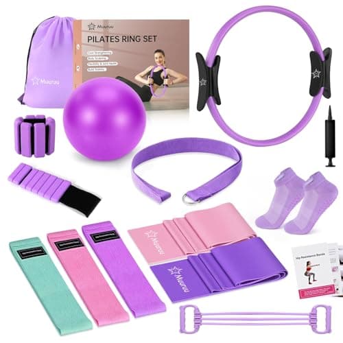 Muuruu Pilates Equipment Kit for Home Workout, Pilates Ring and Ball Set for Women, 14'' Magic Circle Essentials Accessories Kit, Wrist Weights, Resistance Bands, Yoga Strap, Socks, Bag Purple