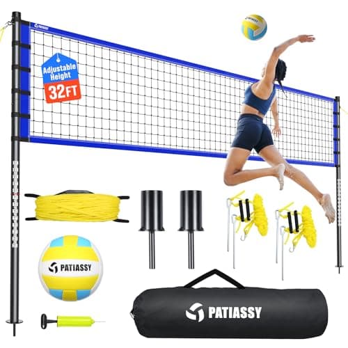 Outdoor Volleyball Net Set for Backyard & Beach, 32FT Regulation Size, Easy Setup Adjustable Height Poles, Portable Net System with PU Volleyball, Pump & Carry Bag