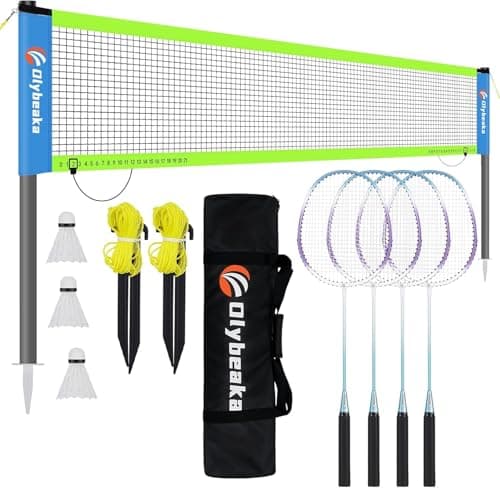 Olybeaka Outdoor Baminton Net Set for Backyard, Beach, Family Games with 20 * 3ft Anti-sag Net, 4 Aluminum Badminton Rackets, 3 Shuttlecocks, Carring Bag - Easy Set Up & Portable