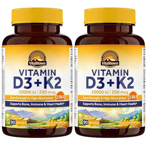 Vitalitown Vitamin D3 K2 Supplement, Vitamin D3 10000 IU Vitamin K2 (MK7) 200 mcg, 90 Softgels (Pack of 2), Non-GMO, No Gluten & Soy, for Bone, Teeth, Immune & Heart Health