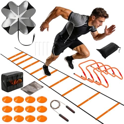 NEWBULIG Agility Ladder Speed Training Equipment, Football Practice Set with 20ft Ladder, 12 Cones, 4 Adjustable Hurdles, Jump Rope, Resistance Parachute for Soccer, Basketball, Youth, Adults