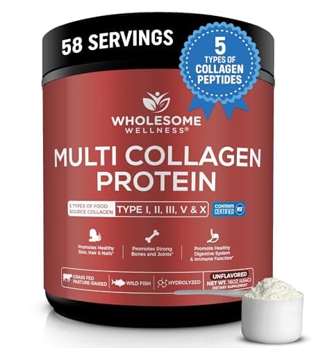 Wholesome Wellness Premium Multi Collagen Peptides Protein Powder for Women and Men, 5 Types of Hydrolyzed Collagen, Grass-Fed, Non-GMO & Unflavored, Pure Protein for Youthful Skin & Joint Recovery