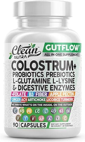 Clean Nutraceuticals Colostrum Supplement Capsules Probiotics Pills Prebiotics, L-Glutamine, Digestive Enzymes, Folate, Fiber, ACV, Turmeric, Apple Pectin and Turmeric Pills