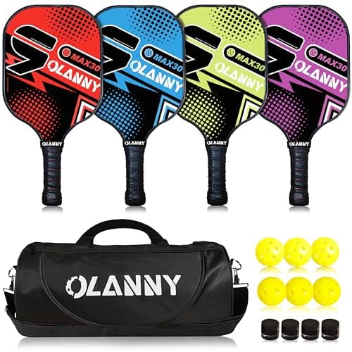 OLANNY Pickleball Paddles Set of 4 Pickleball Rackets Graphite Pickleball Set Polymer Honeycomb CoreLightweight Pickleball Set Includes 4 Pickleball Paddles + 4 Balls + 1 Pickleball Bag