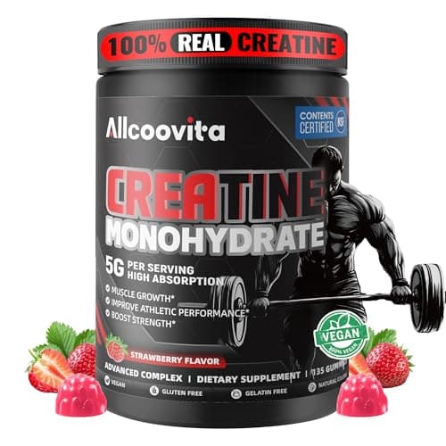 Allcoovita NSF Certified Creatine Gummy 5g - Creatine Monohydrate Gummies for Men & Women. Boost Focus,Strength, and Endurance, Anti-Melting Formula, Vegan, Gluten-Free, Non-GMO,(Strawberry 135 ct)