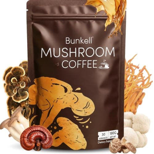 Bunkell Mushroom Coffee, Instant Coffee Blend with 6 Adaptogenic Mushrooms (Lion's Mane, Reishi, Cordyceps, Shiitake, King Trumpet & Turkey Tail) for Energy, Digestion & Immune Support, 30 Servings