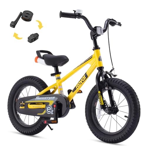 RoyalBaby Freestyle EZ Kids Bike, Easy Learn Balancing to Biking, 14 Inch Balance & Pedal Bicycle, Instant Assembly Toddlers Boys Girls Ages 3-5 Years, 14" Yellow