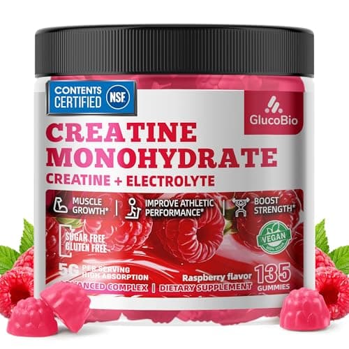 GlucoBio Creatine Monohydrate Gummies (5g) – Pre-Workout Energy & Muscle Growth Support for Men & Women | Raspberry Electrolyte Gummies (135 Count)