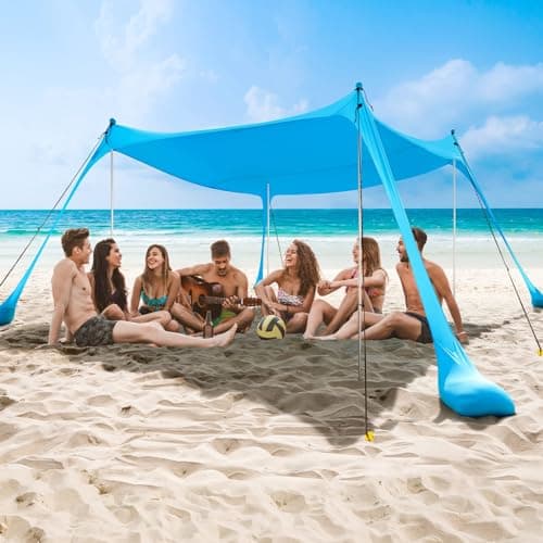 COMMOUDS Beach Tent Sun Shelter - UPF50+ Pop Up Beach Canopy with Sandbags & Sand Shovel & Windproof Poles, Portable Sun Shade for Beach, Camping, Picnics, Backyard (10x10FT)