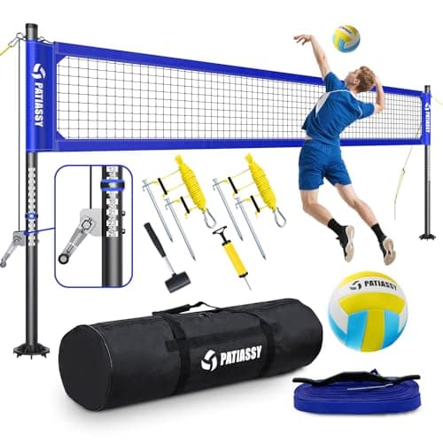 Professional Heavy Duty Volleyball Net Set for Backyard & Beach, Outdoor Net System with Steel Anti-Sag Winch, 32FT Reinforced Net, Height Adjustable Rust-Resistant Aluminum Poles, Portable Carry Bag