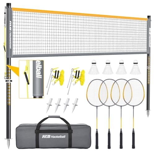 Haokelball Badminton Net Set – Anti-Sag System, Set of 4 Professional Carbon Fiber Rackets with 4 Shuttlecocks, Volleyball & Badminton Combo Set, Badminton Sets for Backyards
