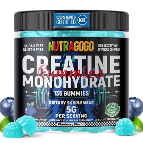 NUTRAGOGO NSF Certified Creatine Gummy - Creatine Monohydrate Gummies for Men & Women-5g of Creatine Monohydrate per Serving - Sugar Free,Vegan, Blueberry Electrolyte Chews, 135 Count