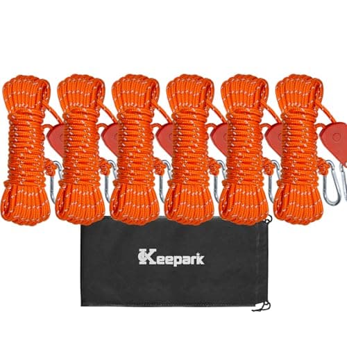 Camping Rope Tarp Tie Down Ropes with Ratchet System, Pulley & Reinforced Metal Gear - Heavy Duty Adjustable Guy Lines for Canopy Tent, Quick Setup Outdoor Strap (1/6" Dia. x 16' L, 6PCS, Orange)