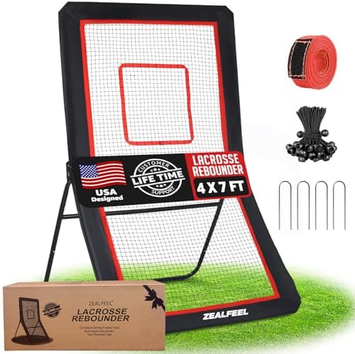 ZEALFEEL Lacrosse Rebounder, 4x7FT Volleyball Rebounder for Backyard with 5 Rebound Angles, Target Strip, Lacrosse Rebound Net Perfect for Lax Baseball Volleyball & Soccer Practice