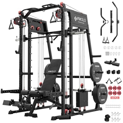 Mikolo Smith Machine, 2200lbs Squat Rack with LAT-Pull Down System & Cable Crossover Machine, Power Rack and Packages (BPRO230HPHGP with Weight Stack)