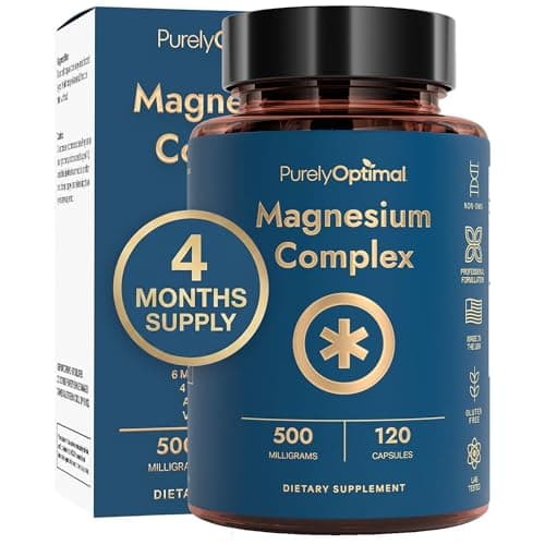 Purely Optimal Magnesium Complex - 6 Forms Magnesium Glycinate, Citrate & Malate - Sleep Support, Stress Relief, Muscles, Heart Health & Relaxation - Magnesium Supplement for Women & Men, 120 Caps