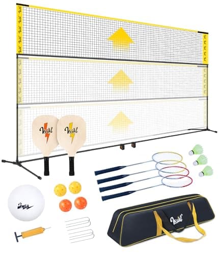 VSSAL 3-in-1 Portable Badminton, Volleyball & Pickleball Net Set for Adults, Adjustable Height 34"–7 ft for Backyards or Beach, Outdoor Sports Combo with Carry Bag, Rackets, Paddles & Balls (17 ft)