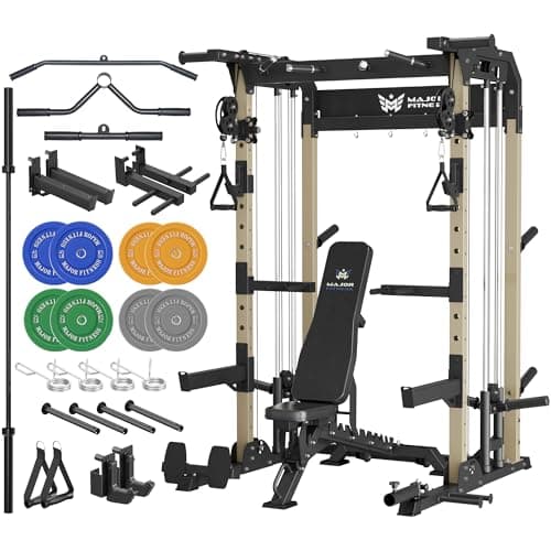 MAJOR FITNESS F22 Power Rack with Weight Bench, Barbell & 230lbs Weight Plates, 1600lbs Heavy-Duty All-in-One Squat Rack with Cable Crossover, Dual Pulley System & Attachments for Home Gym, Khaki