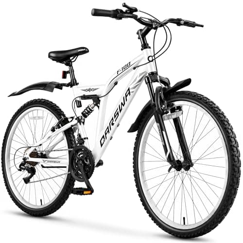 QARSWA 24/26 Inch Mountain Bike for Men & Women, 21-Speed Full Suspension MTB, High-Carbon Steel Frame, Quick Release Front Wheel, Dual Fenders, Easy Assembly, Trail & Commuter Bicycle