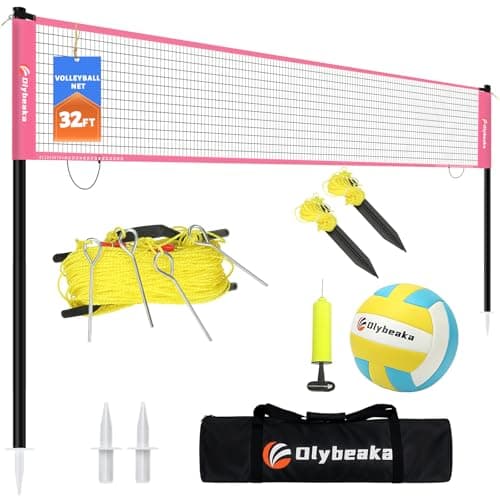 Portable Outdoor Volleyball Net Set for Backyard Beach with Adjustable Poles, Soft PU Volleyball & Pump, Carry Bag and Durable Anti-Sagging Net (Pink, 32ft)